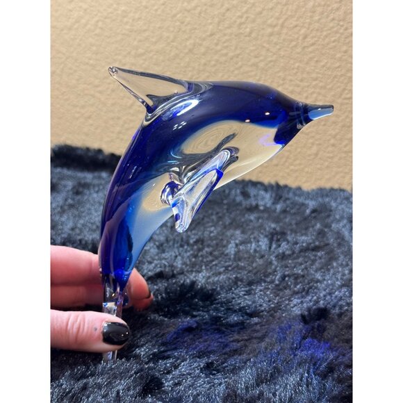 Art Blown  Glass Blue & Clear Glass Dolphin Figurine Art Decor 7" - Picture 4 of 8